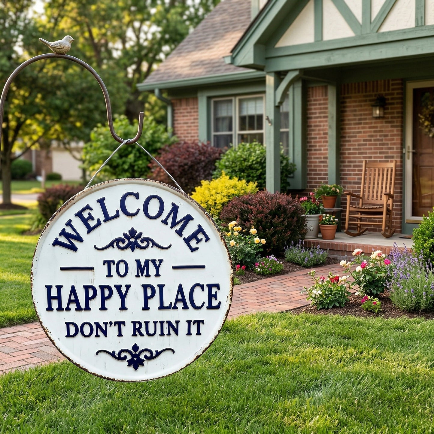 🏡🔥🔥BUY 3 GET 1 FREE⏰Vintage Round Metal Sign – “Welcome to My Happy Place Don’t Ruin It” Garden Wall Decor