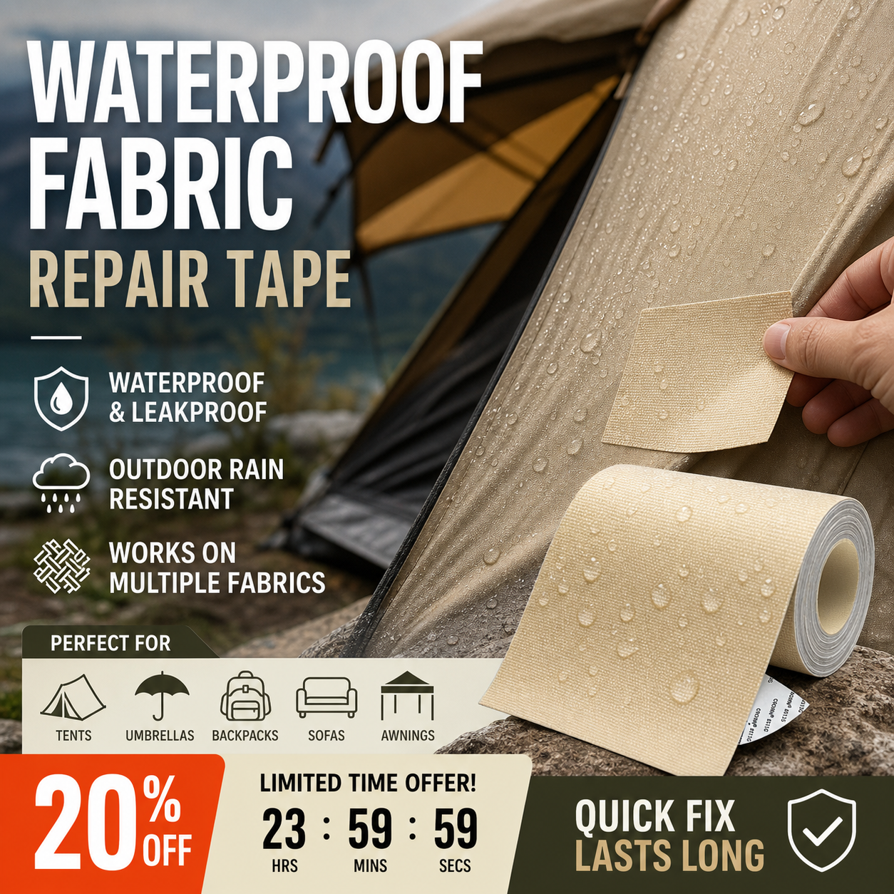⛺50% OFF NOW ! ✨Self‑Adhesive Tarpaulin Repair Patch, Waterproof Fabric Repair Tape, Rain‑Resistant Strong Adhesion for Tent, Tarp, Backpack & Umbrella