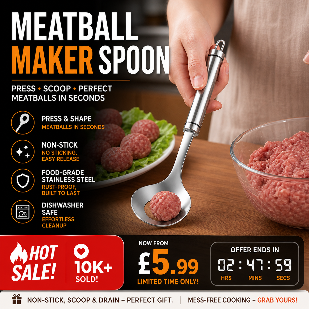 🥳HOT SALE🥳💞10K+ SOLD! Meatball Spoon – From £5.99! Non-stick, scoop & drain – perfect gift. Mess-free cooking – grab yours! ✅