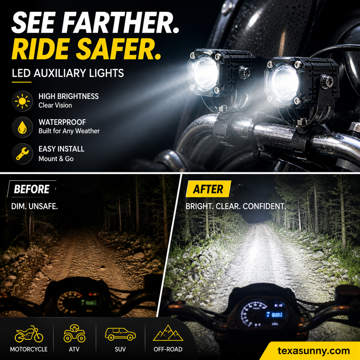 🎉 2026 Sale — Over 40,000 Sold! 🏍️ Universal Motorcycle LED Spotlights – Dual Beam & All-Weather Waterproof 💡