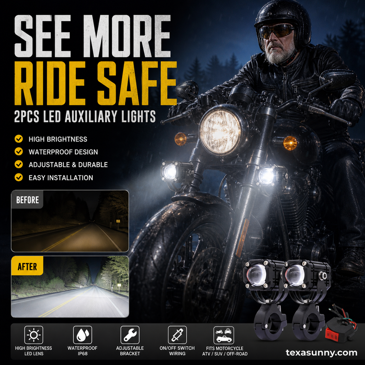 🎉 2026 Sale — Over 40,000 Sold! 🏍️ Universal Motorcycle LED Spotlights – Dual Beam & All-Weather Waterproof 💡