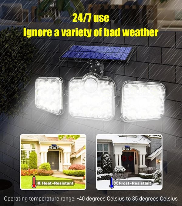 Solar Outdoor Lights 138LED Security Lights,3 Heads Dimmable SpotLights with 3 Modes,IP65 Waterproof