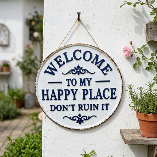 🏡🔥🔥BUY 3 GET 1 FREE⏰Vintage Round Metal Sign – “Welcome to My Happy Place Don’t Ruin It” Garden Wall Decor