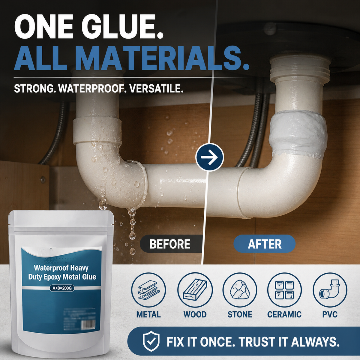 LIMITED-TIME 50% OFF! ✨Heavy Duty Waterproof Epoxy Metal Glue | Fast-Setting Adhesive for Metal, Wood, Stone & Ceramic Repair