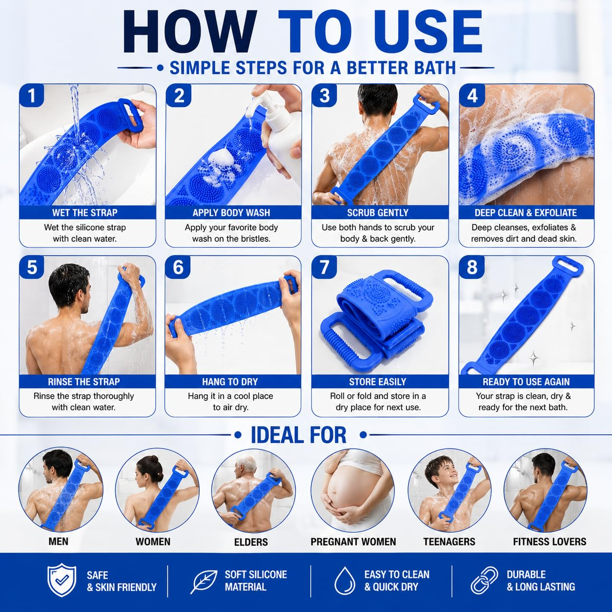 🧼Silicone Back Scrubber for Bath, Double-Sided Body Exfoliating Bath Brush with Soft Silicone Bristles