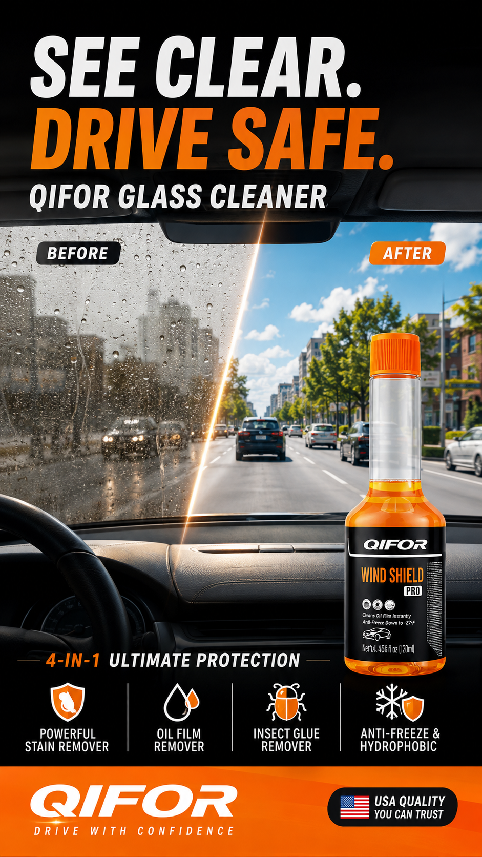 Glass Cleaner Powerful Stain Remover, Oil Film Remover, Insect Glue Remover, Anti-Freeze, Hydrophobic Glass Cleaner for Cars