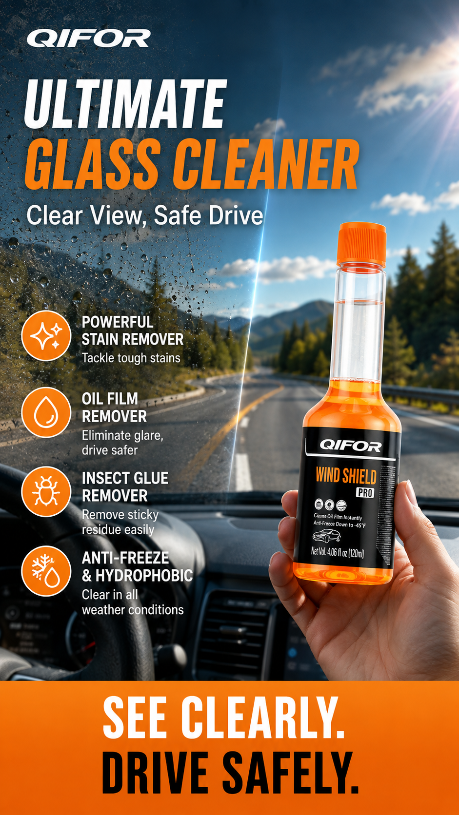 Glass Cleaner Powerful Stain Remover, Oil Film Remover, Insect Glue Remover, Anti-Freeze, Hydrophobic Glass Cleaner for Cars