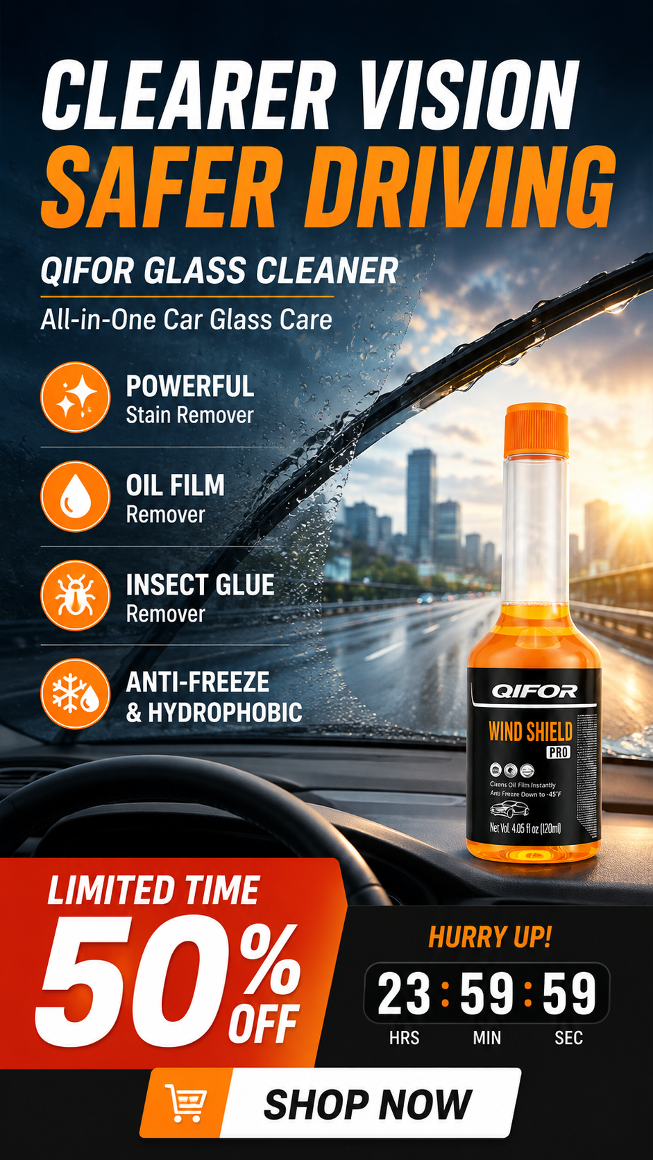 Glass Cleaner Powerful Stain Remover, Oil Film Remover, Insect Glue Remover, Anti-Freeze, Hydrophobic Glass Cleaner for Cars