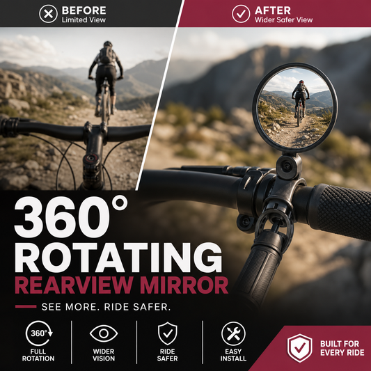 🥳2026 HOT SALE🥳💞50K+ SOLD!🚲🔍 50% OFF! 360° Rotating Rearview Mirror – Clear view behind, no more neck twisting. Fits bikes, e‑bikes & motorcycles. Tool‑free silicone strap! 🛡️✨