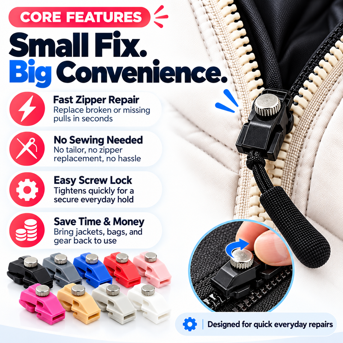 🔧50% OFF NOW! Instant Zipper Repair Clip – No Sew Zipper Slider Replacement, Tool-Free Quick Fix Zipper Pull Tab for Jackets, Backpacks, Luggage & Bags