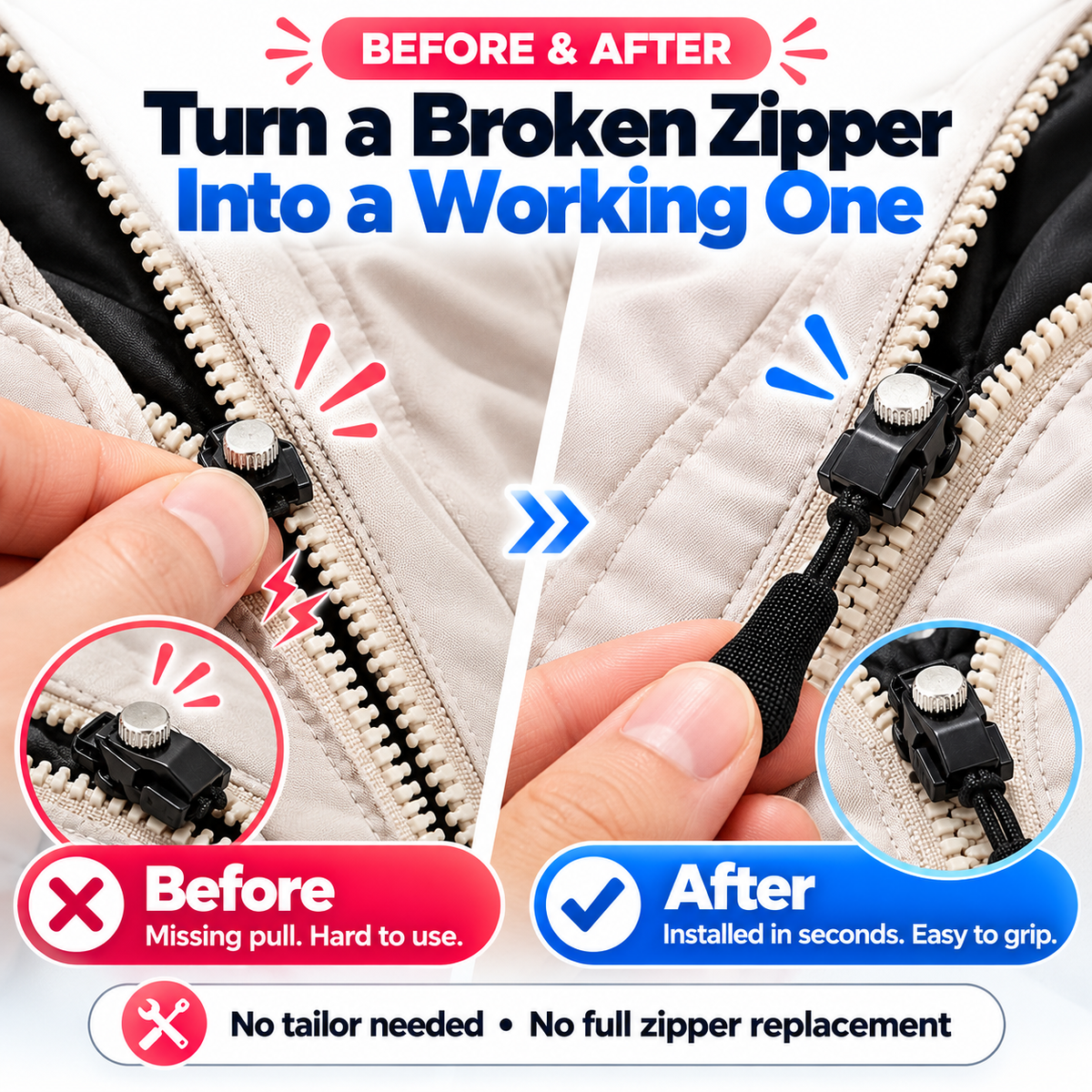 🔧50% OFF NOW! Instant Zipper Repair Clip – No Sew Zipper Slider Replacement, Tool-Free Quick Fix Zipper Pull Tab for Jackets, Backpacks, Luggage & Bags