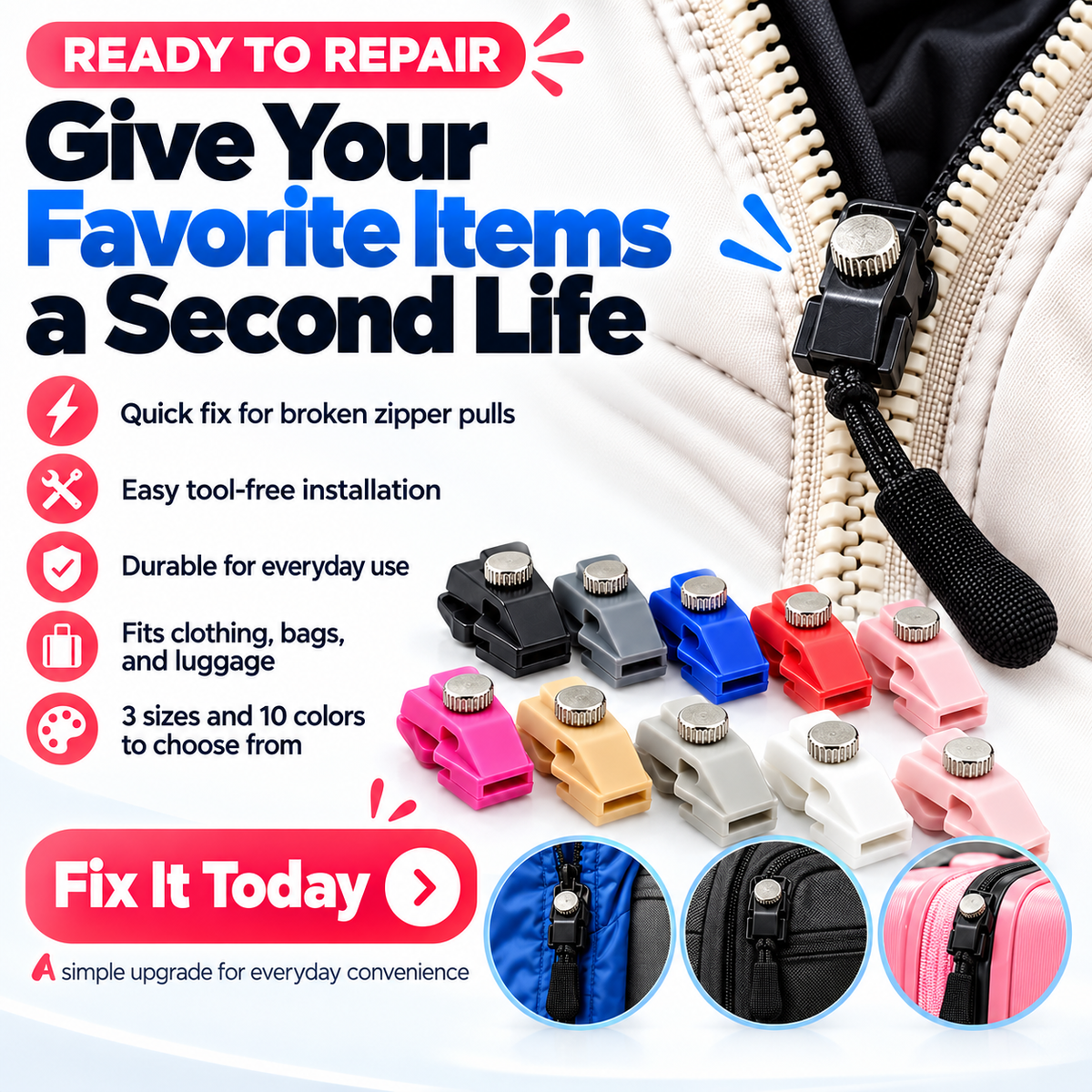 🔧50% OFF NOW! Instant Zipper Repair Clip – No Sew Zipper Slider Replacement, Tool-Free Quick Fix Zipper Pull Tab for Jackets, Backpacks, Luggage & Bags