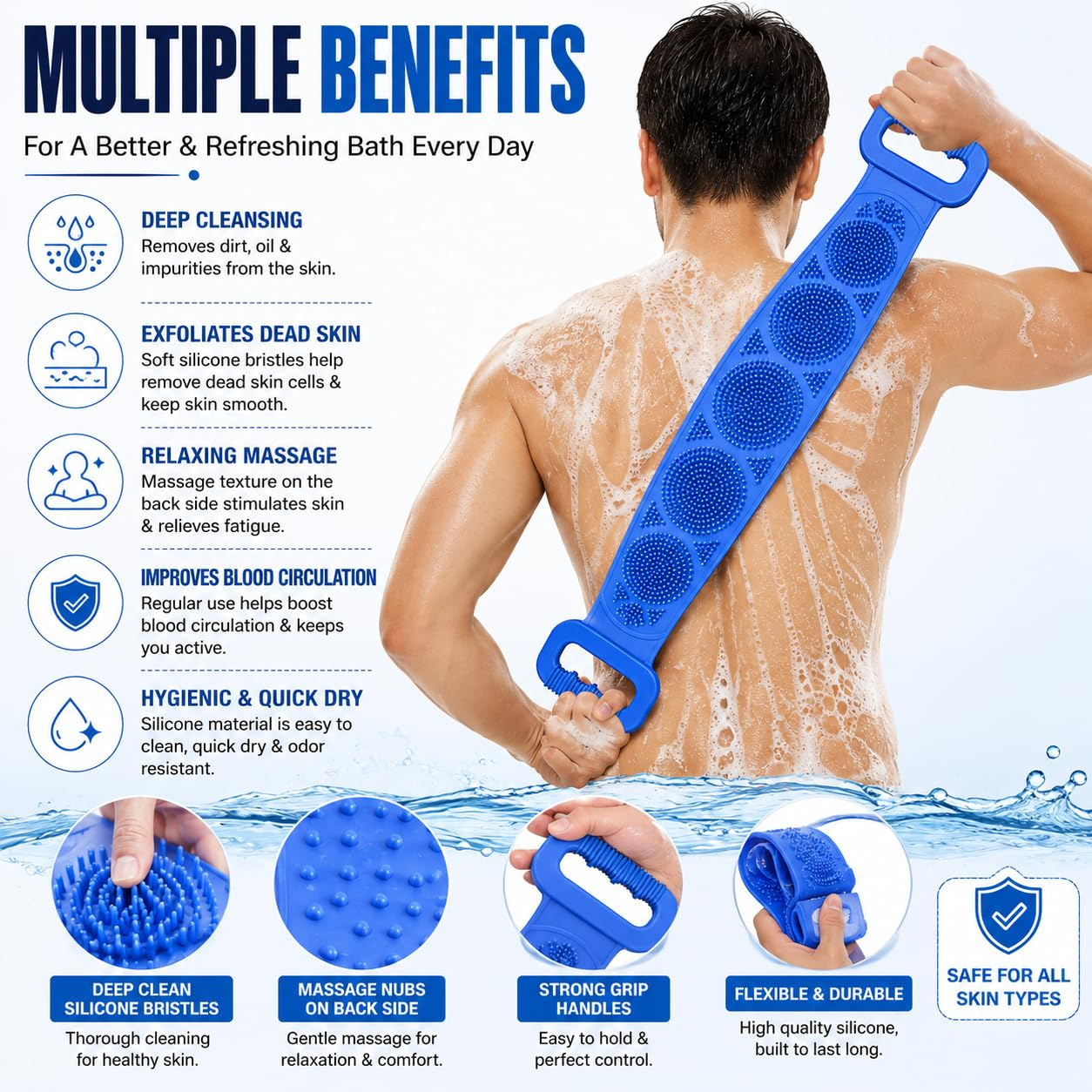 🧼Silicone Back Scrubber for Bath, Double-Sided Body Exfoliating Bath Brush with Soft Silicone Bristles