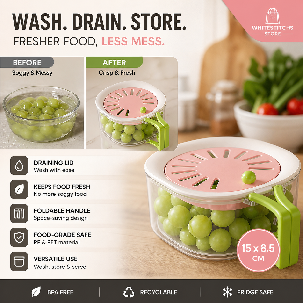 🍓 LIMITED‑TIME 50% OFF! ⚡ 2 in 1 Draining Basket with Lid – Wash, Drain & Store ✨