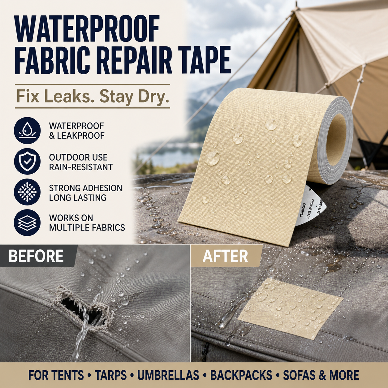 ⛺50% OFF NOW ! ✨Self‑Adhesive Tarpaulin Repair Patch, Waterproof Fabric Repair Tape, Rain‑Resistant Strong Adhesion for Tent, Tarp, Backpack & Umbrella