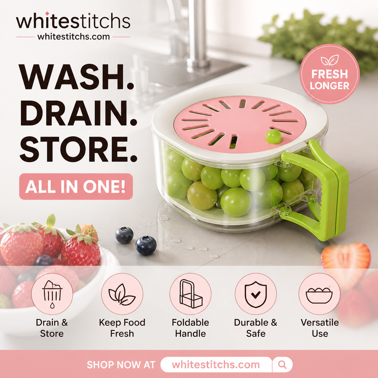 🍓 LIMITED‑TIME 50% OFF! ⚡ 2 in 1 Draining Basket with Lid – Wash, Drain & Store ✨