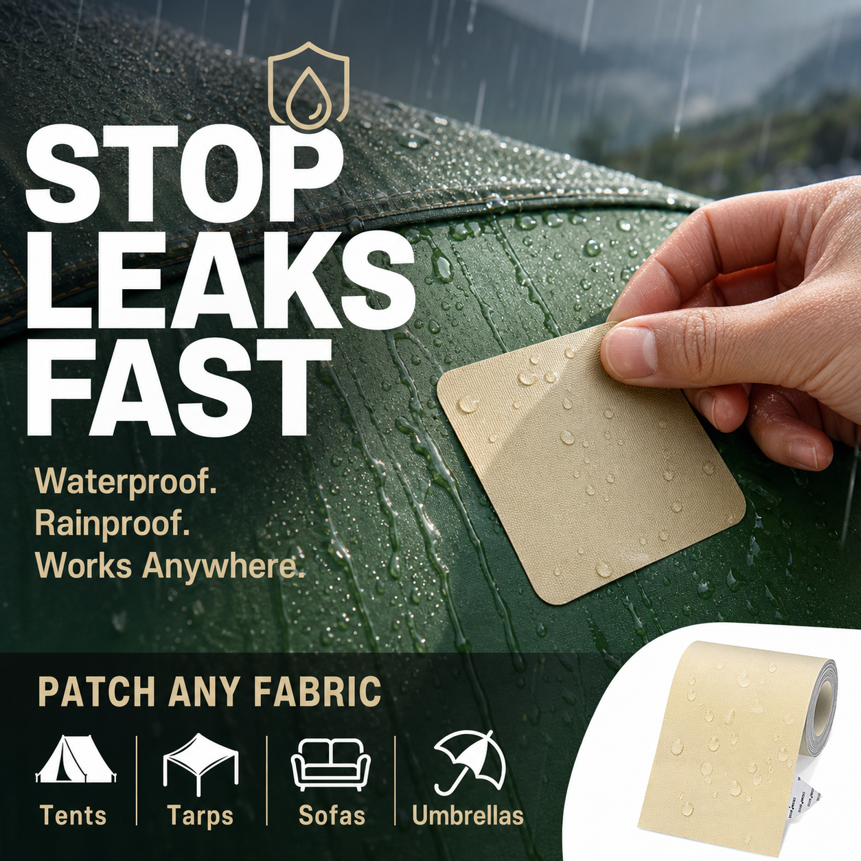 ⛺50% OFF NOW ! ✨Self‑Adhesive Tarpaulin Repair Patch, Waterproof Fabric Repair Tape, Rain‑Resistant Strong Adhesion for Tent, Tarp, Backpack & Umbrella