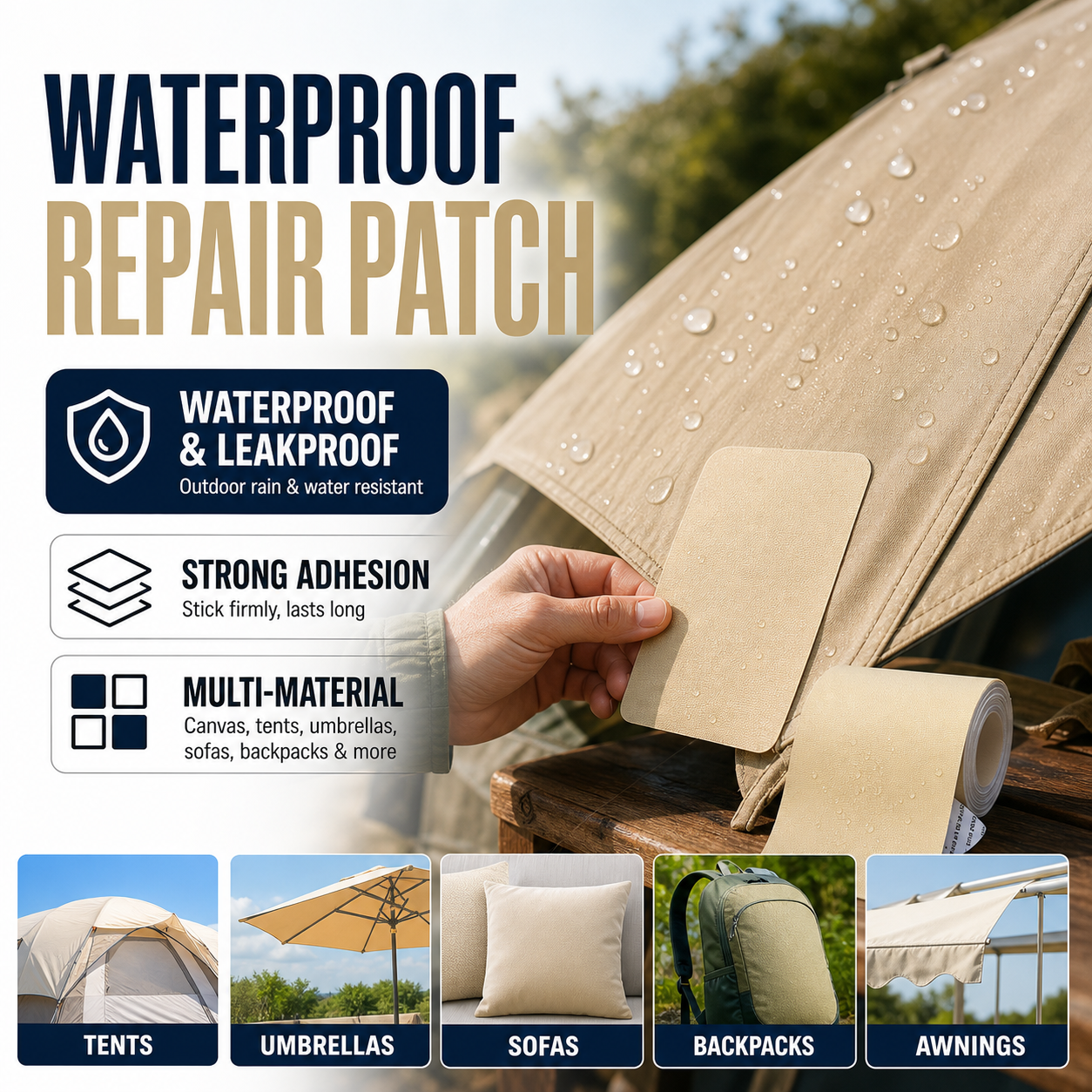 ⛺50% OFF NOW ! ✨Self‑Adhesive Tarpaulin Repair Patch, Waterproof Fabric Repair Tape, Rain‑Resistant Strong Adhesion for Tent, Tarp, Backpack & Umbrella