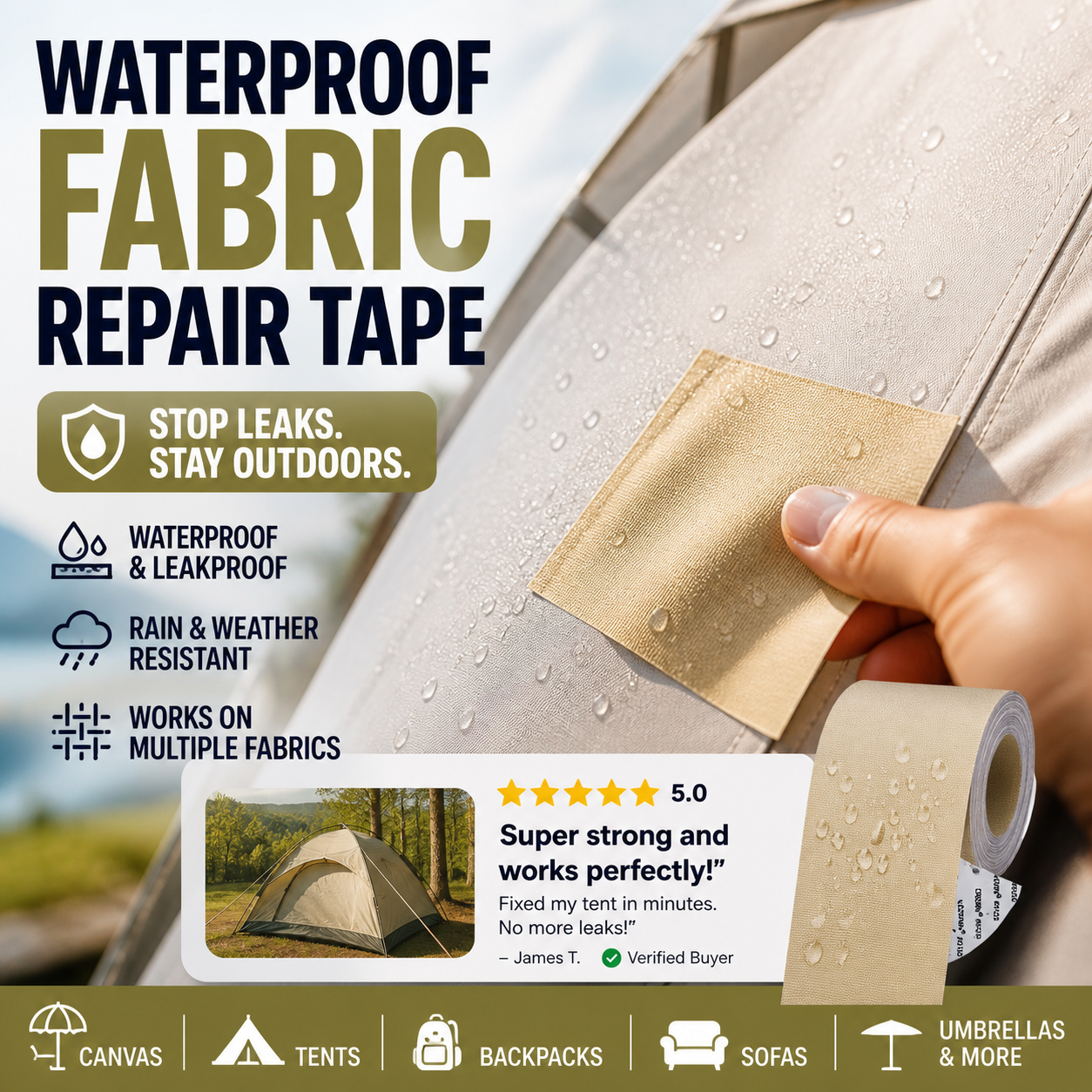 ⛺50% OFF NOW ! ✨Self‑Adhesive Tarpaulin Repair Patch, Waterproof Fabric Repair Tape, Rain‑Resistant Strong Adhesion for Tent, Tarp, Backpack & Umbrella
