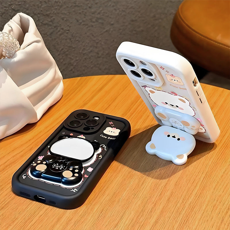 Foldable Stand & Mirror Cute Bear Phone Case for iPhone Series