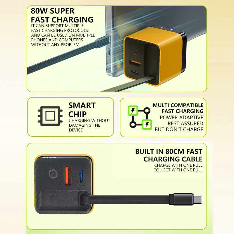 80W Fast Charging Phone Charger Block with Retractable 80cm Type-C Cable