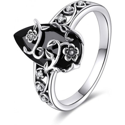 💍50% OFF NOW! 🌿 Vintage Floral Vine Ring – Black Teardrop Gem, Sparkling Accents & Openwork Band ✨