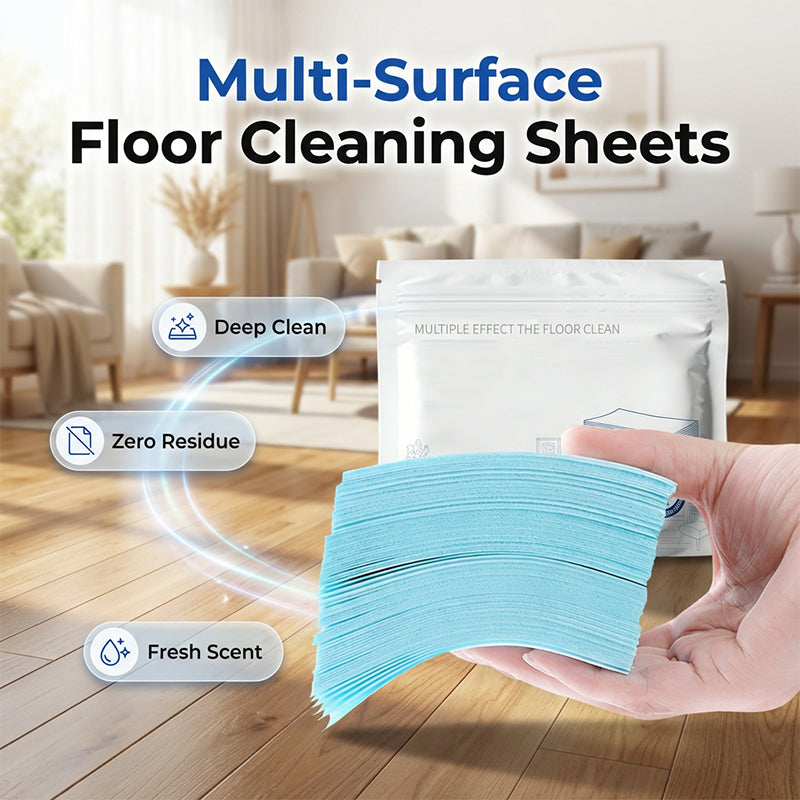 Multi-surface floor cleaning sheets with blue sheets in hand