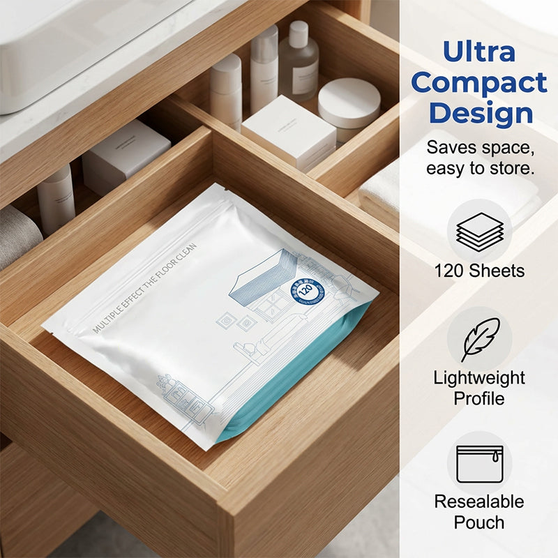 Ultra compact floor cleaning sheet storage in drawer
