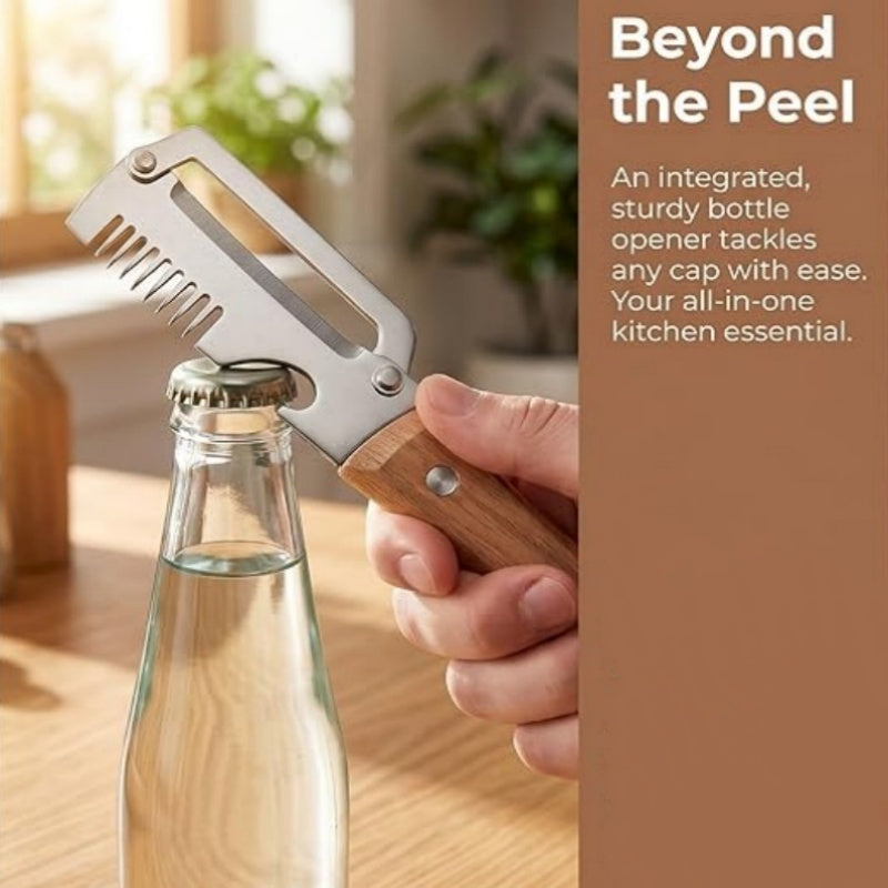 🥕 3-in-1 Vegetable Peeler with Bottle Opener – Julienne & Shredding Tool, Stainless Steel Blade, Wood‑Grip Handle – Must‑Have Kitchen Gadget for Effortless Prep