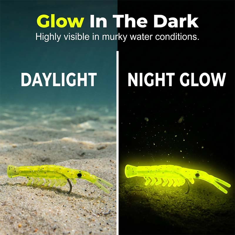 50PCS Luminous Shrimp Lures – Glow in the Dark & Sharp Hooks 🌙✨🦐🎣