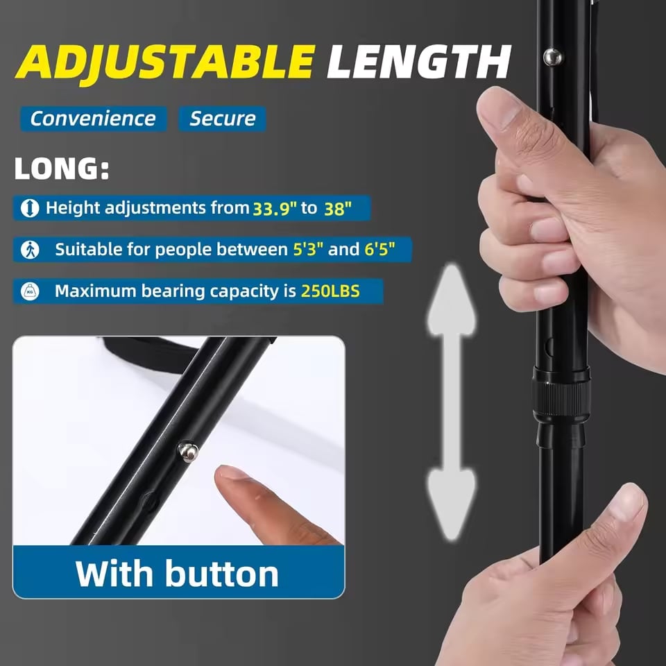 🦯LIMITED-TIME 50% OFF! 💡 Multifunction Folding Walking Cane – Built-In Light, Emergency Alarm, Quad Base & 5-Level Height Adjustment✨
