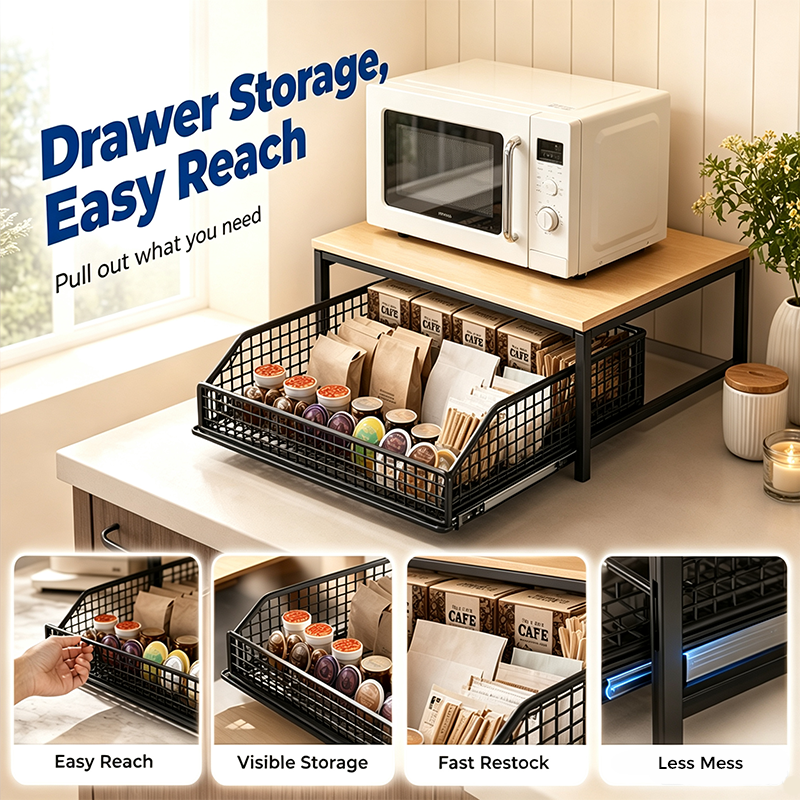 🏠2-Tier Kitchen Microwave Stand with Slide-Out Storage Drawer