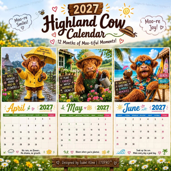 🐮 2027 Funny Highland Cow Wall Calendar🗓️ | A4 Hanging Calendar |🎁 Designed by Isabel Kline 🎨📆