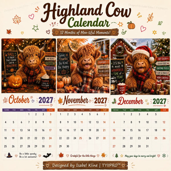 🐮 2027 Funny Highland Cow Wall Calendar🗓️ | A4 Hanging Calendar |🎁 Designed by Isabel Kline 🎨📆