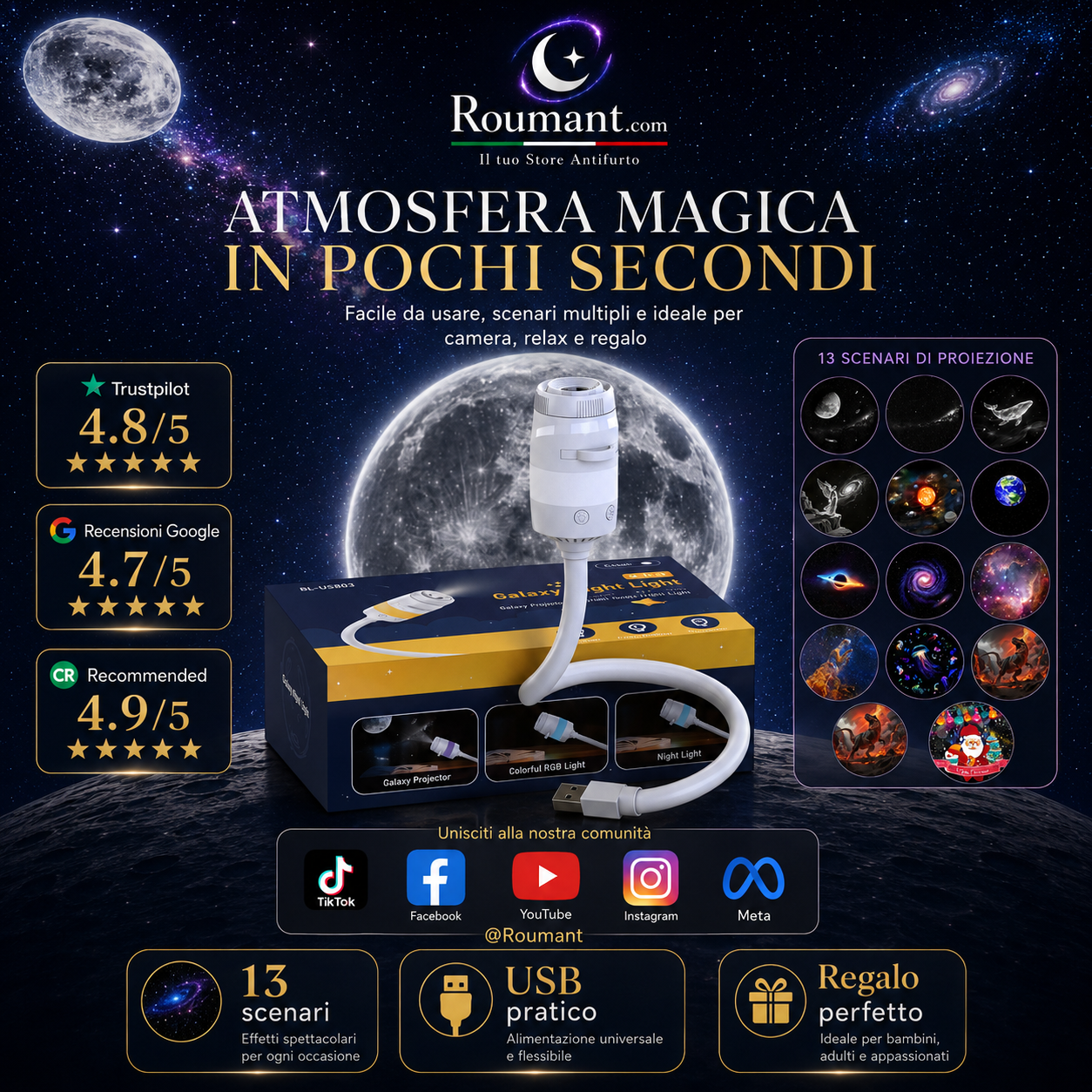 🌌 50% OFF NOW! 💫 USB lamp with starry sky projection – 13 interchangeable film discs & flexible neck – perfect for the bedroom ✨