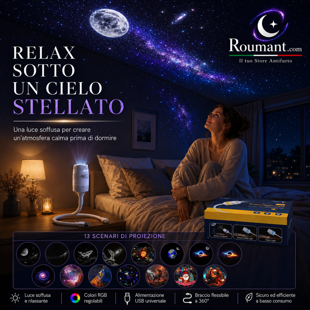 🌌 50% OFF NOW! 💫 USB lamp with starry sky projection – 13 interchangeable film discs & flexible neck – perfect for the bedroom ✨