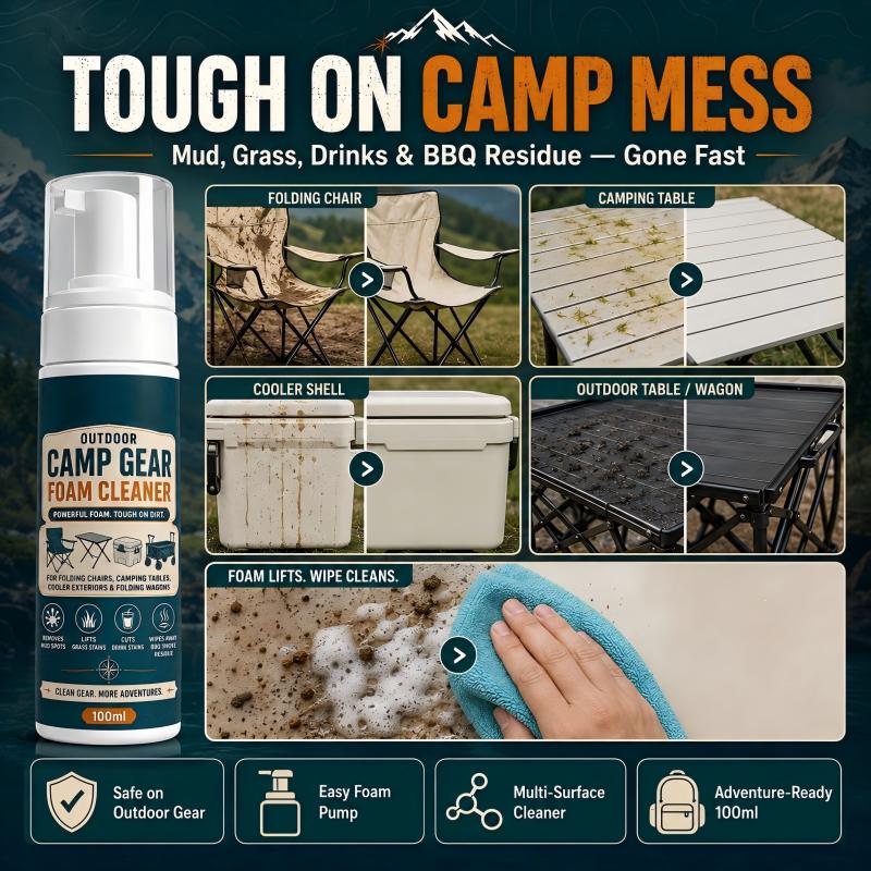 Outdoor Camp Gear Foam Cleaner with Cleaning Towel✨ Mild protective foam removes dirt, perfect for tent, sleeping bags and camping cookware.