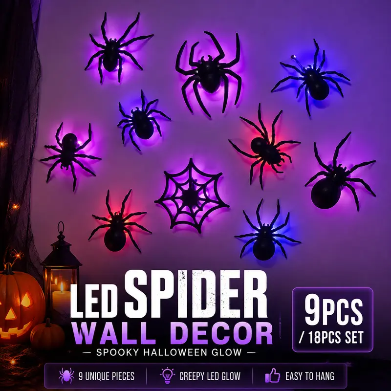 Halloween 3D Spider LED Flashing Light Wall Stickers🕷️ Flashing LED lights, spooky decor for halloween party.