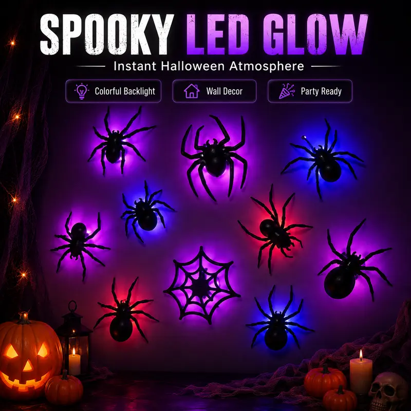 Halloween 3D Spider LED Flashing Light Wall Stickers🕷️ Flashing LED lights, spooky decor for halloween party.