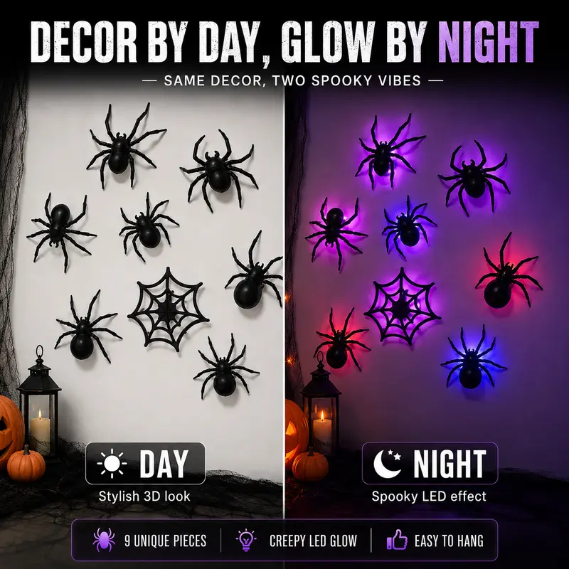 Halloween 3D Spider LED Flashing Light Wall Stickers🕷️ Flashing LED lights, spooky decor for halloween party.