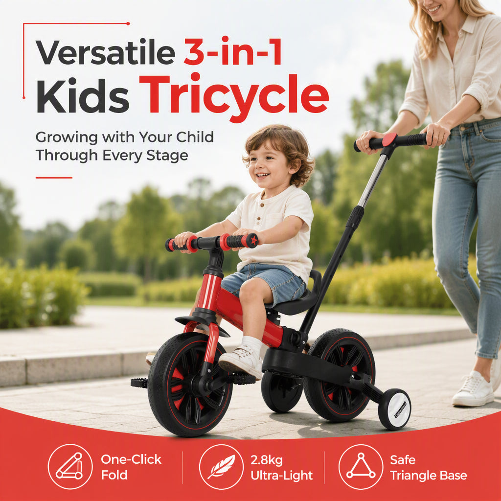 🚲✨ 3-in-1 Kids' Tricycle – Ultra-lightweight (2.8 kg) & foldable design for on-the-go use | From balance bike to handcart
