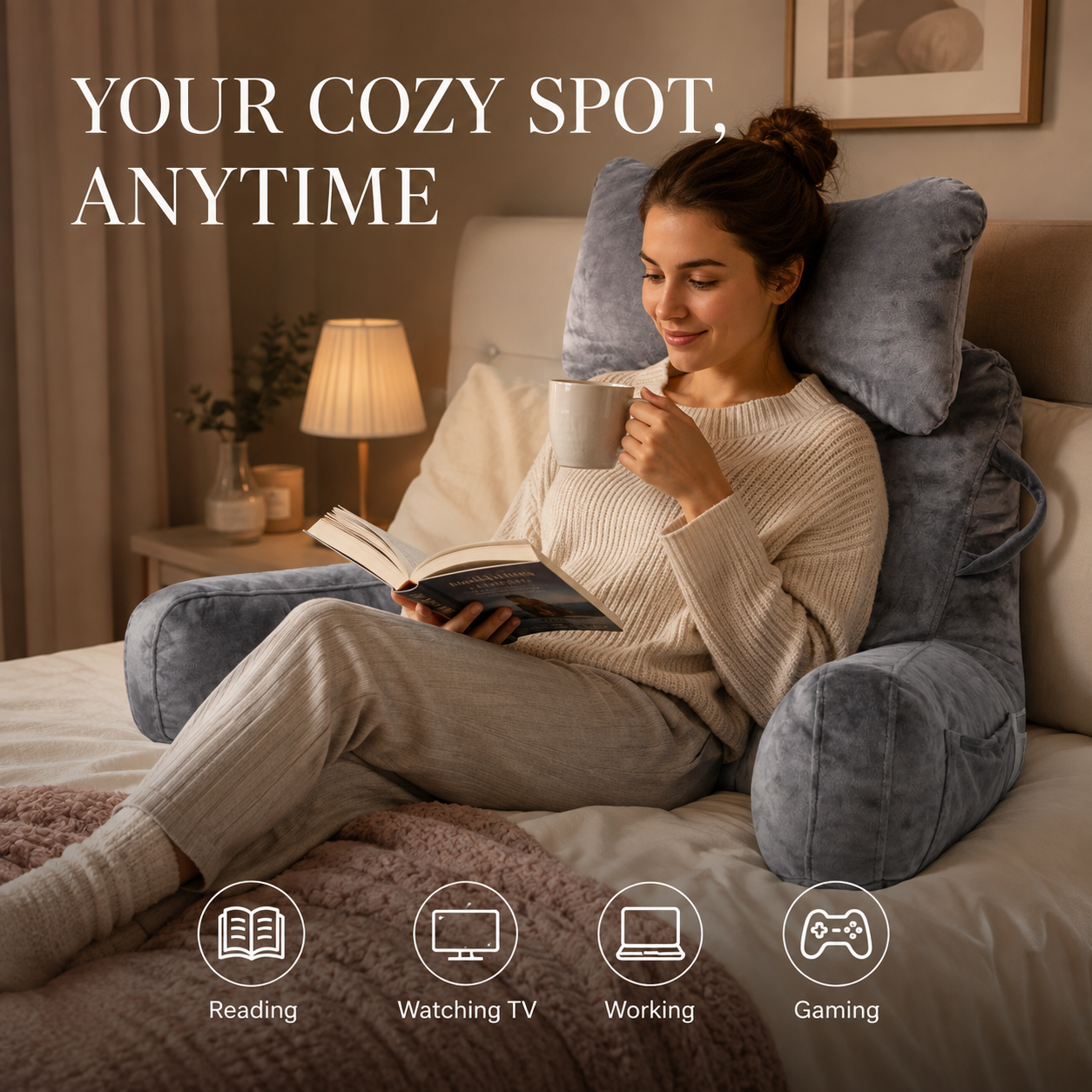 🛋️50% OFF NOW! Multifunctional Reading Bed Backrest Pillow‑Soft Velvet Lumbar Support Cushion with Armrests & Side Pocket, Perfect for Reading, Gaming, Working & Watching TV in Bed