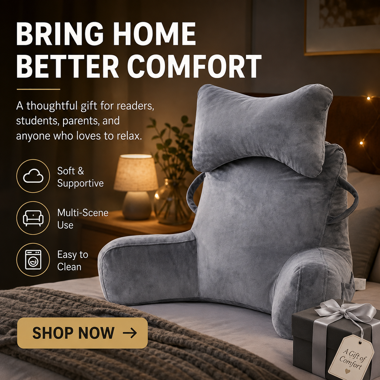 🛋️50% OFF NOW! Multifunctional Reading Bed Backrest Pillow‑Soft Velvet Lumbar Support Cushion with Armrests & Side Pocket, Perfect for Reading, Gaming, Working & Watching TV in Bed