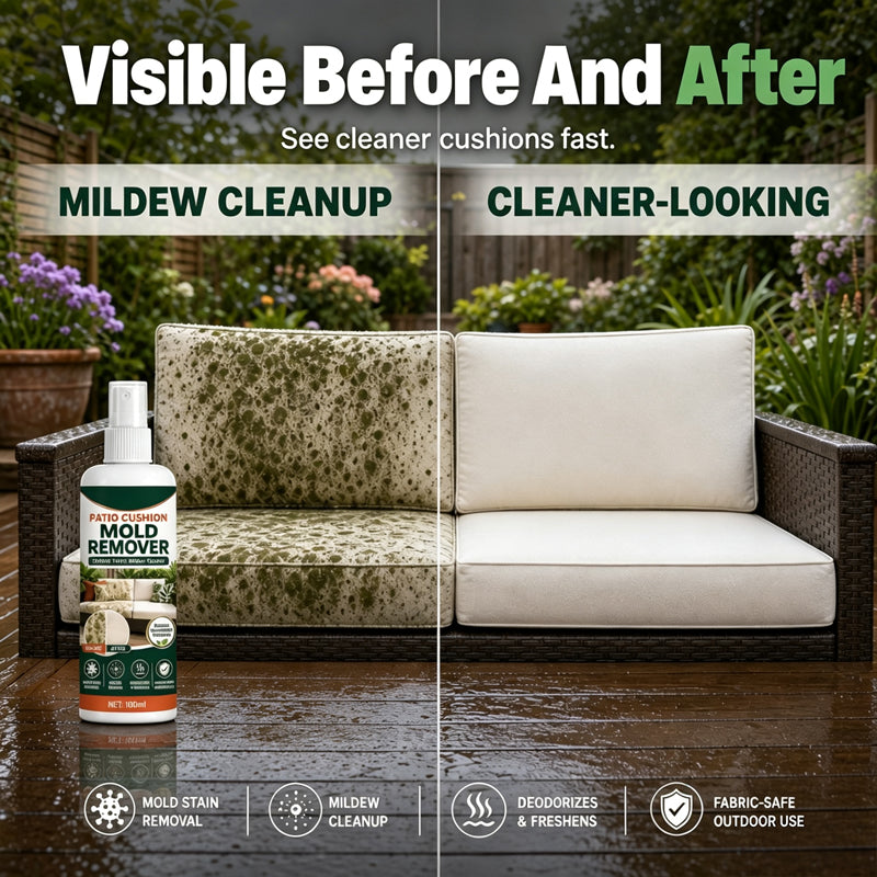 🧽50% OFF NOW! Patio Cushion Mold Remover Spray, Powerful Mildew Stain Cleaner, Quick Mold & Mildew Stain Removal Spray Safe for Outdoor Fabric Cushions, Patio Furniture Upholstery Cleaning Solution