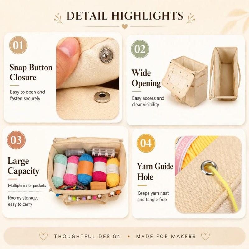 🧶50% OFF NOW! Canvas Yarn Storage Bag with Needle Pockets‑Spacious Knitting & Crochet Organizer Tote, Multi‑Pocket Yarn Carrier for Craft Supplies & Wool Balls