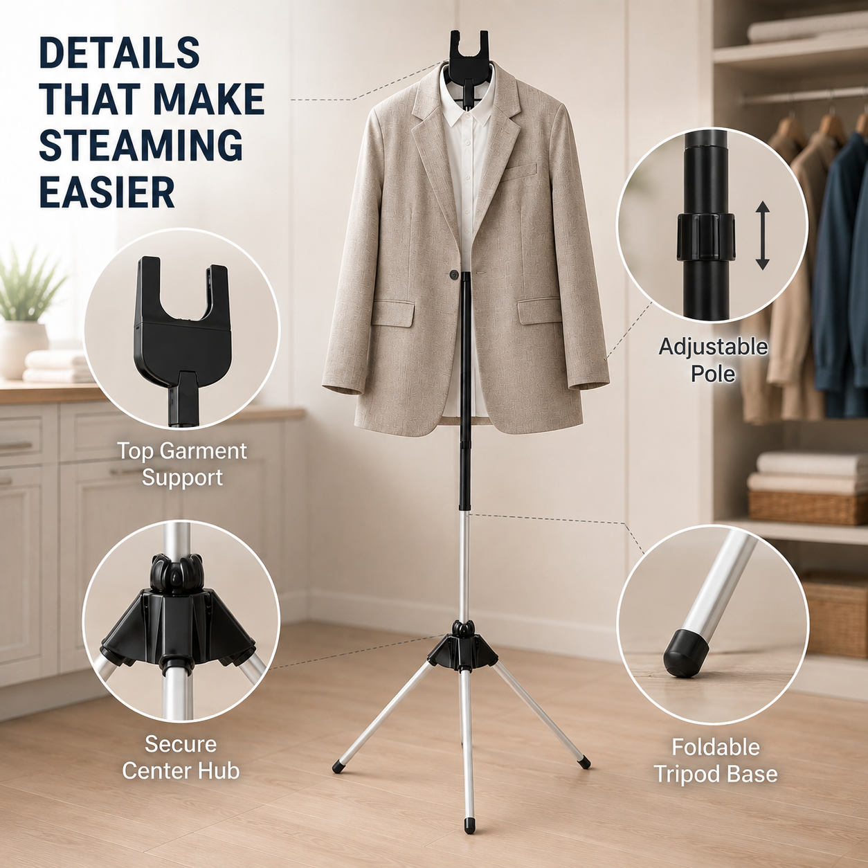 👔50% OFF NOW! Adjustable Garment Steamer Stand, Foldable Tripod Clothing Hanging Holder, Stable Height‑Adjustable Support for Home Steam Ironing & Garment Care