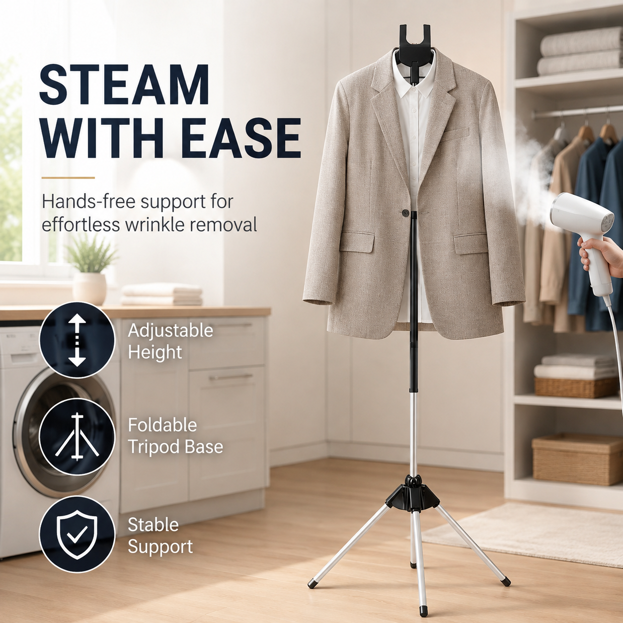 👔50% OFF NOW! Adjustable Garment Steamer Stand, Foldable Tripod Clothing Hanging Holder, Stable Height‑Adjustable Support for Home Steam Ironing & Garment Care