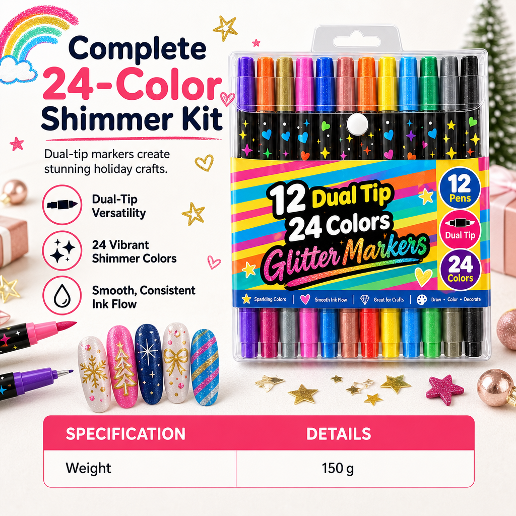 12 Pack Dual Tip Glitter Markers and Highlighters Set 24 Colors Double Ended Soft Brush Tip Pens for Student Art Drawing