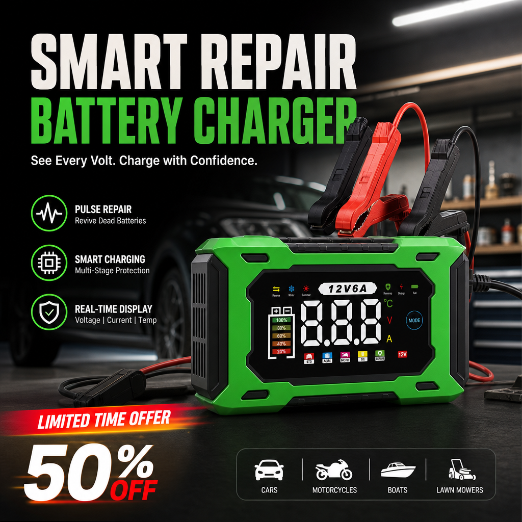 ⏳Time-Limited Special⏰12V 6A Smart Car Battery Charger – Pulse Repair Technology, Auto Maintain & Desulfation