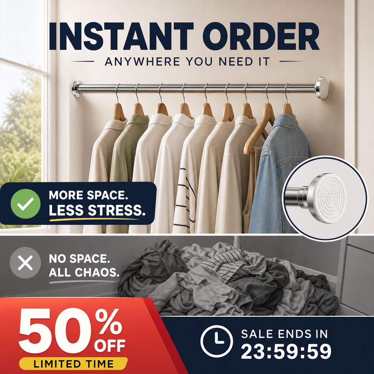 🛏️50% OFF!🔧Adjustable No-Drill Tension Rod – Damage-Free Install, Anti-Slip & Multi-Purpose, Max 15KG Load 🏠